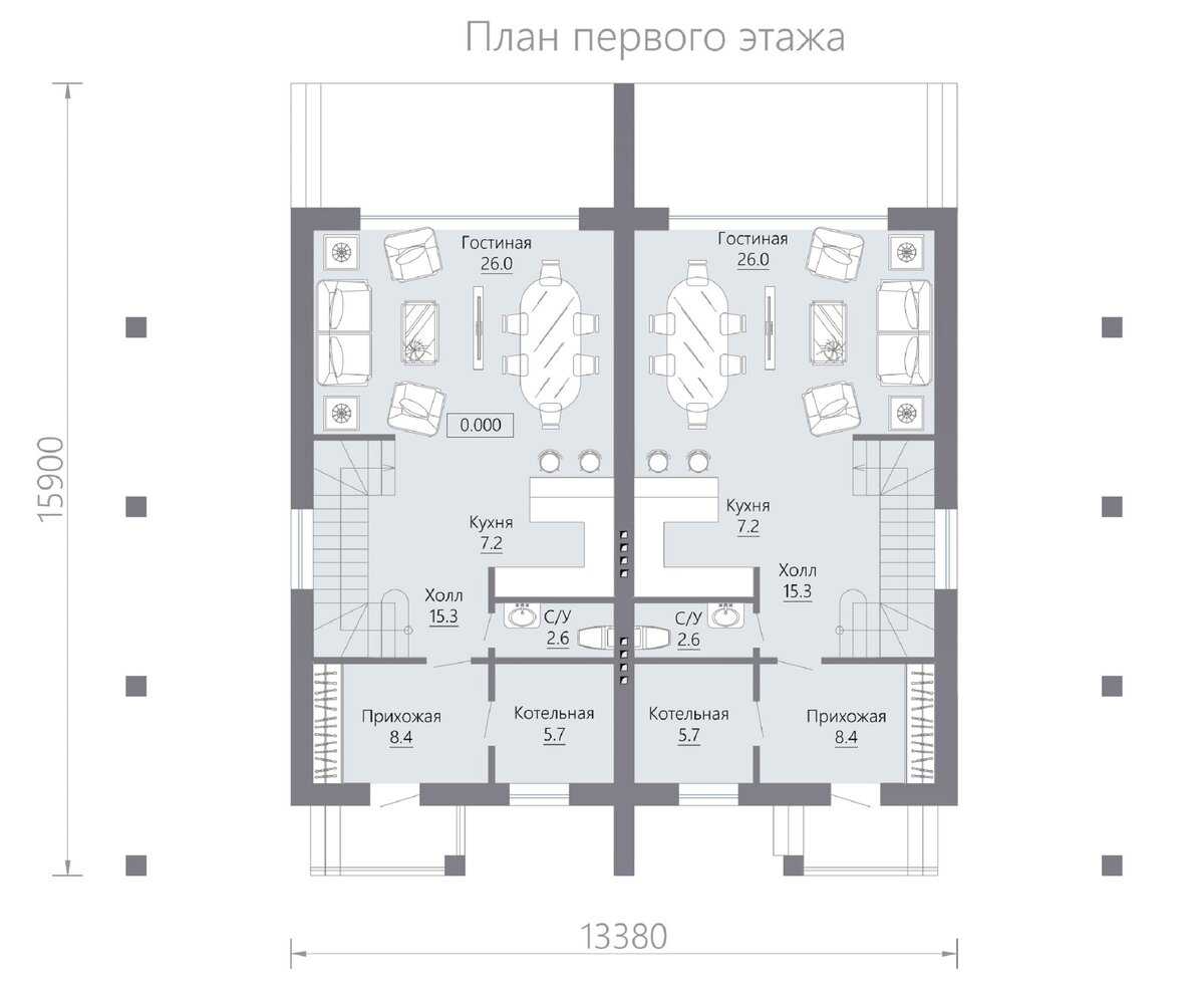 Проект дуплекса на 2 семьи с отдельными входами